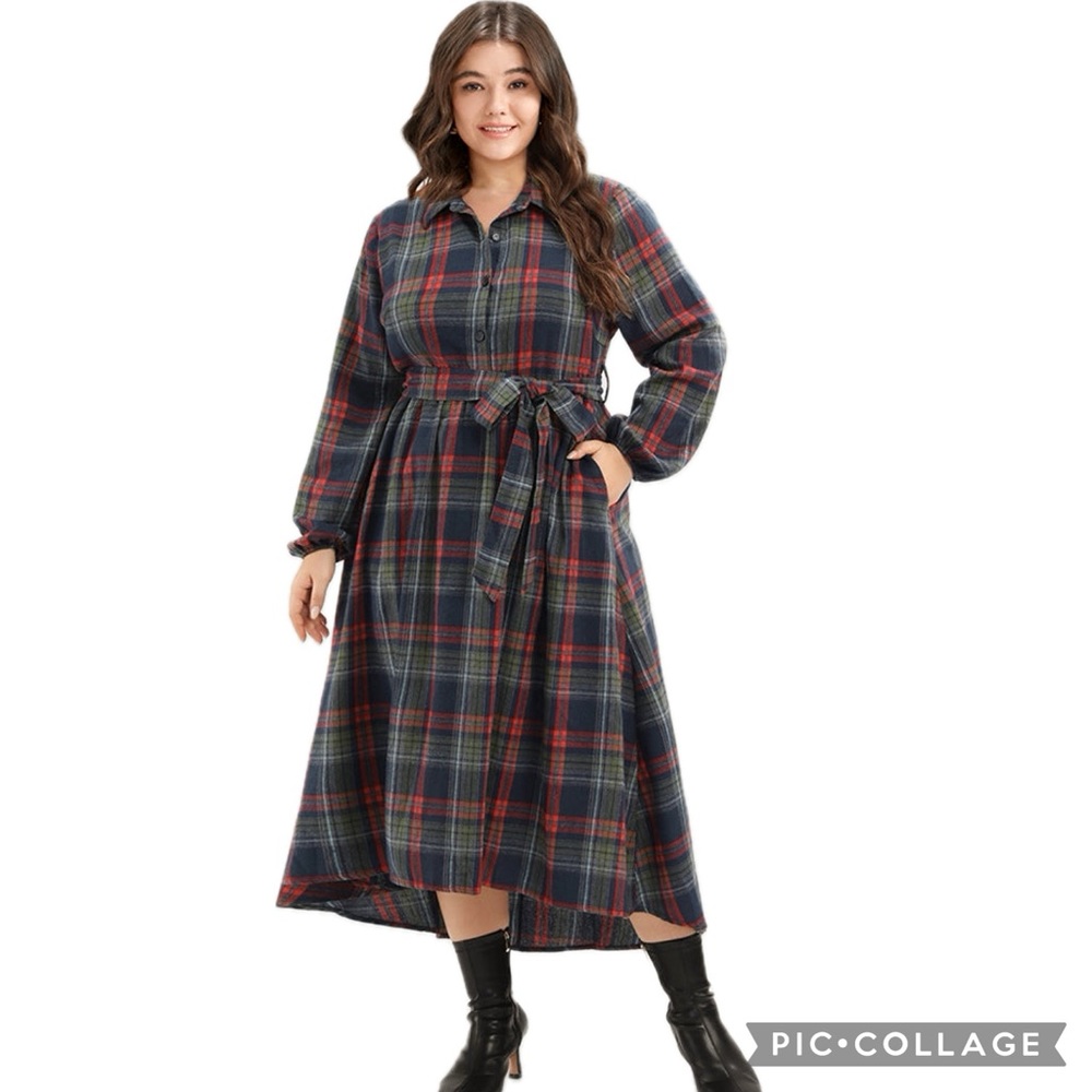 BLOOMCHIC Multi Plaid Button Front Belted Long Sleeve Arc Hemline Midi Dress - Picture 2 of 16